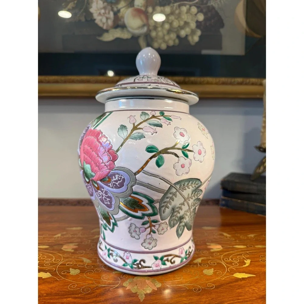 Vintage Floral Ginger Jar‎ • Hand Painted Porcelain Lidded Vase Decor 10.5